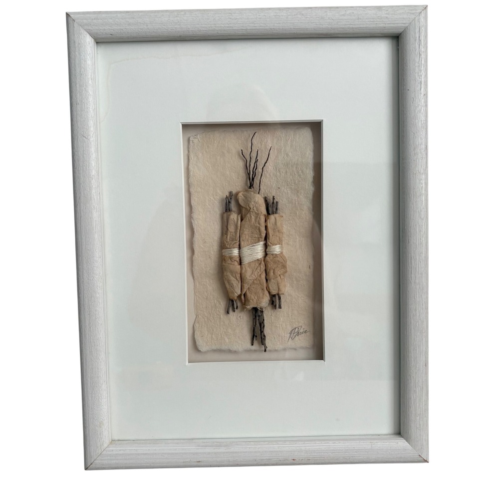 J‎ Price Signed Mixed Media 3D Organic Wall Art Twigs Handmade Paper Framed